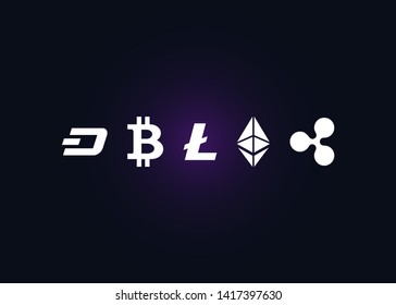 Cryptocurrencies Bitcoin Dash Coin Ripple Coin Ethereum Lite Coin Icons Vector Illustration