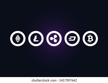 Cryptocurrencies Bitcoin Dash Coin Ripple Coin Ethereum Lite Coin Icons Vector Illustration
