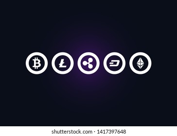 Cryptocurrencies Bitcoin Dash Coin Ripple Coin Ethereum Lite Coin Icons Vector Illustration