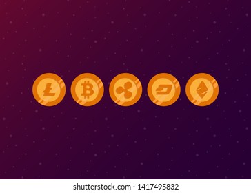 Cryptocurrencies Bitcoin Dash Coin Ripple Coin Ethereum Lite Coin Icons Vector Illustration