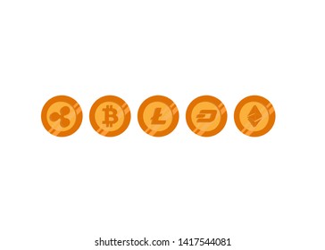 Cryptocurrencies Bitcoin Dash Coin Ripple Coin Ethereum Lite Coin Icons Vector Illustration