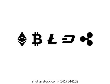 Cryptocurrencies Bitcoin Dash Coin Ripple Coin Ethereum Lite Coin Icons Vector Illustration