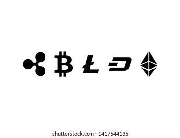 Cryptocurrencies Bitcoin Dash Coin Ripple Coin Ethereum Lite Coin Icons Vector Illustration