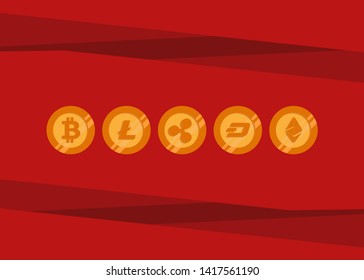 Cryptocurrencies Bitcoin Dash Coin Ripple Coin Ethereum Lite Coin Icons Vector Illustration