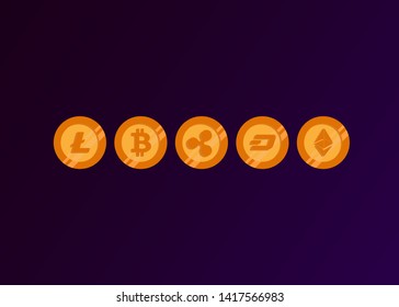 Cryptocurrencies Bitcoin Dash Coin Ripple Coin Ethereum Lite Coin Icons Vector Illustration