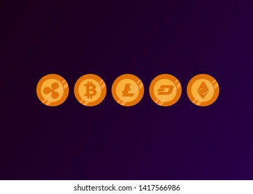 Cryptocurrencies Bitcoin Dash Coin Ripple Coin Ethereum Lite Coin Icons Vector Illustration