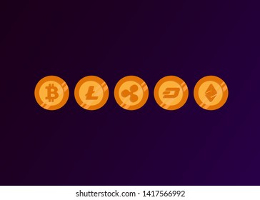 Cryptocurrencies Bitcoin Dash Coin Ripple Coin Ethereum Lite Coin Icons Vector Illustration