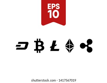 Cryptocurrencies Bitcoin Dash Coin Ripple Coin Ethereum Lite Coin Icons Vector Illustration