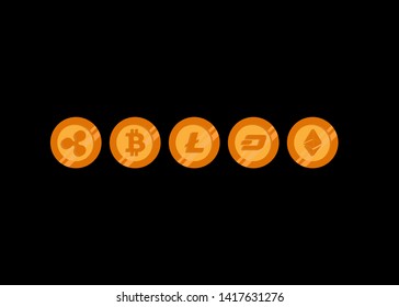 Cryptocurrencies Bitcoin Dash Coin Ripple Coin Ethereum Lite Coin Icons Vector Illustration