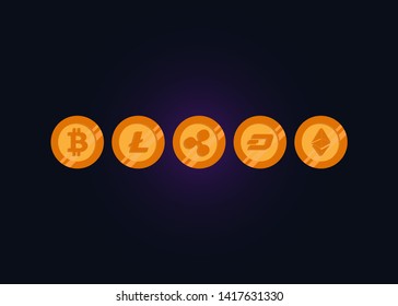 Cryptocurrencies Bitcoin Dash Coin Ripple Coin Ethereum Lite Coin Icons Vector Illustration