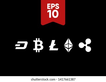 Cryptocurrencies Bitcoin Dash Coin Ripple Coin Ethereum Lite Coin Icons Vector Illustration