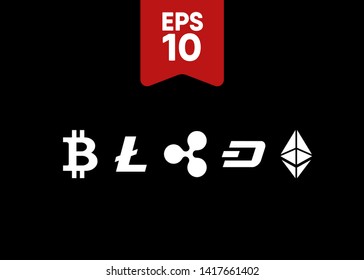 Cryptocurrencies Bitcoin Dash Coin Ripple Coin Ethereum Lite Coin Icons Vector Illustration