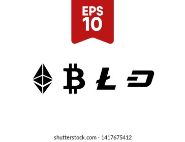 Cryptocurrencies Bitcoin Dash Coin Ripple Coin Ethereum Lite Coin Icons Vector Illustration