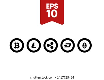 Cryptocurrencies Bitcoin Dash Coin Ripple Coin Ethereum Lite Coin Icons Vector Illustration