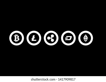 Cryptocurrencies Bitcoin Dash Coin Ripple Coin Ethereum Lite Coin Icons Vector Illustration