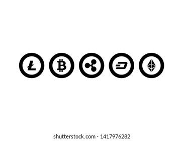 Cryptocurrencies Bitcoin Dash Coin Ripple Coin Ethereum Lite Coin Icons Vector Illustration