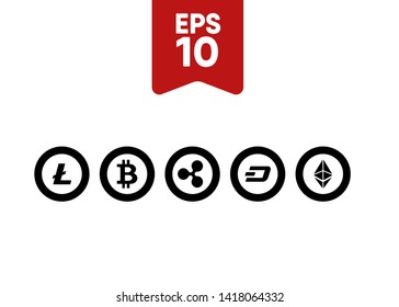 Cryptocurrencies Bitcoin Dash Coin Ripple Coin Ethereum Lite Coin Icons Vector Illustration