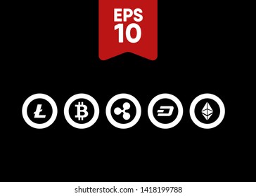 Cryptocurrencies Bitcoin Dash Coin Ripple Coin Ethereum Lite Coin Icons Vector Illustration