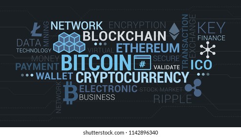 Cryptocurrencies, blockchain and bitcoin tag cloud with concepts and icons