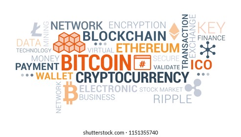 Cryptocurrencies, blockchain and bitcoin tag cloud with concepts and icons
