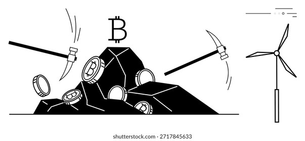 Criptomonedas, tecnología blockchain, energía renovable, minería verde, sostenibilidad, finanzas digitales. Pickaxes minando monedas de Bitcoin con turbina de viento cerca. Blockchain y energías renovables