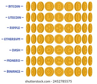 Cryptocurrencies Coins Cartoon Vector Set. Bitcoin, Litecoin, Ripple And Etherium. Dash, Monero Digital Or Binance Virtual Currencies Rotating or Spinning Animation Sprite Sheet or Sequence Frame