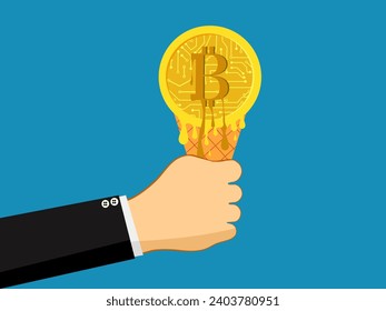 Cryptocurrencies depreciate. Hand holding bitcoin coins melting like ice cream. vector 