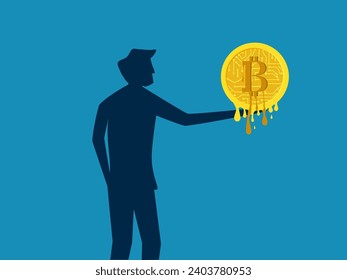 Cryptocurrencies depreciate. man holds melting bitcoin coins. vector 