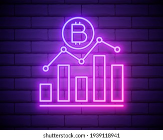 icono de criptomonedas subiendo. Elementos de Bitcoin Blockchain en iconos de estilo neón. Icono simple para sitios web, diseño web, aplicación móvil, infografía aislada en pared de ladrillo.