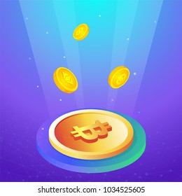 Cryptocurrencies with a golden bitcoin on the front as the leader. Bitcoin as most important cryptocurrency concept. 