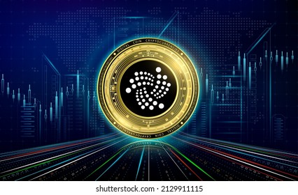 Criptodivisas Iota con gráfico de crecimiento. Bolsa internacional. Tecnologías en línea modernas de criptografía electrónica de cadena de bloques. Moneda de oro en ciudad futurista neón fondo oscuro. Vector 3D.