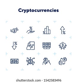 Cryptocurrencies line icon set. Set of line icons on white background. Investment concept. Bitcoin, mining, blockchain. Vector illustration can be used for topics like economy, finance, mining