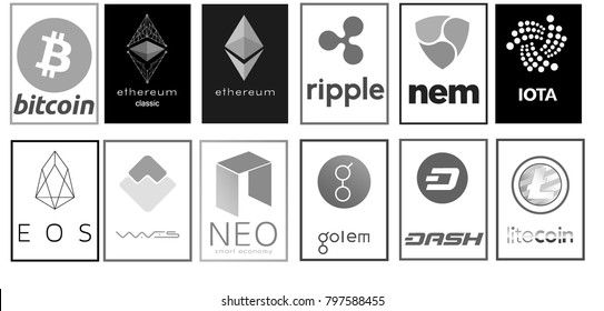Crypto-currencies are logos. Bitcoin, Ethereum, Ripple, NEM, IOTA, EOS, Waves, NEO, Golem, DASH, Litecoin. Vector illustration. Grey style.