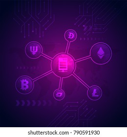 Cryptocurrencies on shiny purple background.