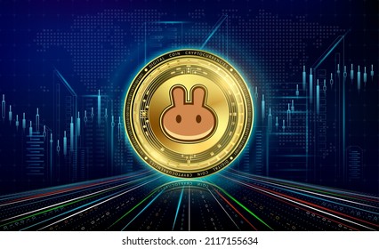 Cryptocurrencies Pancake Swap with growth chart. International stock exchange. Block chain electronic crypto currency modern online technology. Coin gold on futuristic city neon dark background.