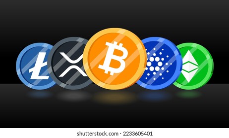 Cryptocurrencies popular. Bitcoin, Cardano, XRP, Litecoin and Ethereum Classic on black background. Vector Illustraton