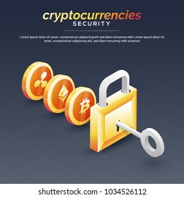 Concepto de seguridad de criptodivisas con monedas y bloqueo en fondo gris. 