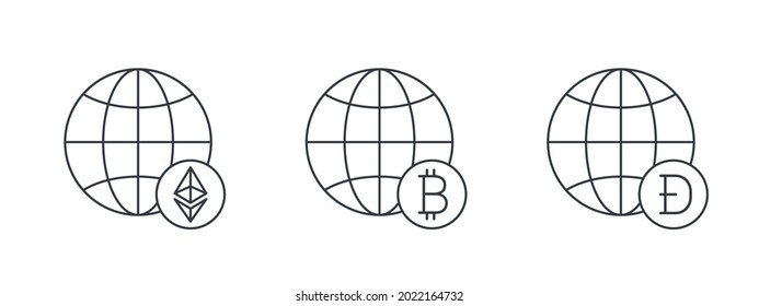 Cryptocurrencies signs. Globes with Cryptocurrencies icons. Digital cryptographic currency icons. Vector illustration