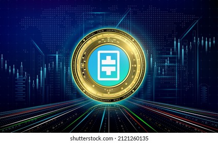 Cryptocurrencies Theta with growth chart. International stock exchange. Block chain electronic crypto currency modern online technology. Coin gold on futuristic city neon dark background. 3D Vector.