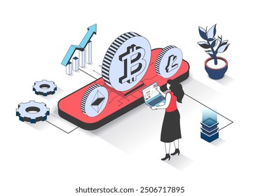Cryptocurrency 3d isometric concept with isometry people design for web. Woman investing money in bitcoins and other crypto coins and developing virtual blockchain business. Vector illustration.