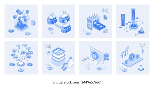 Cryptocurrency 3d isometric concept set with isometric icons design for web. Collection of blockchain technology, trading and mining coins, bitcoins investments, financial growth. Vector illustration