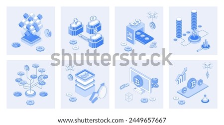 Cryptocurrency 3d isometric concept set with isometric icons design for web. Collection of blockchain technology, trading and mining coins, bitcoins investments, financial growth. Vector illustration