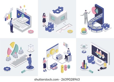 Cryptocurrency 3d isometry concept for web design. Collection set with isometric people making crypto business, invest in bitcoins, trading and mining coins at virtual platforms. Vector illustration.