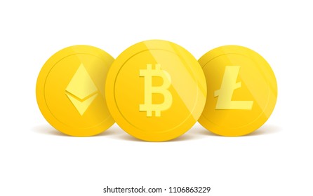 Cryptocurrency. 3d realistic gold coins set on white in different positions .Money isolated on white. Vector illustration.