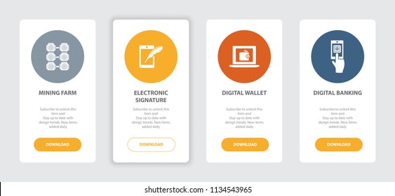 Cryptocurrency 4 webpage banners concept template with mining farm, electronic signature, digital wallet, digital banking icons. Trendy web UI design concept