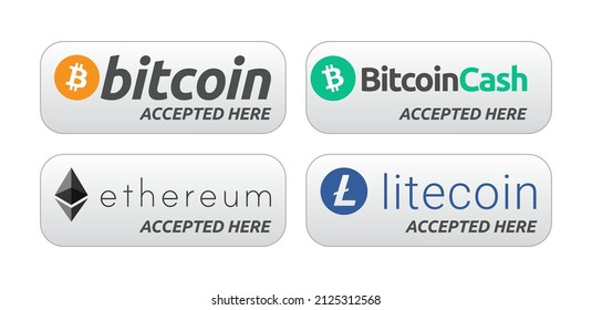 Cryptocurrency accepted here sign with Bitcoin, Ethereum, Litecoin, BTC cash button sticker vector illustration. Can be used as shop display sign, badge, label, card, print design and poster