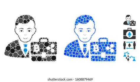 Cryptocurrency accounter mosaic of filled circles in different sizes and color hues, based on cryptocurrency accounter icon. Vector filled circles are grouped into blue collage.
