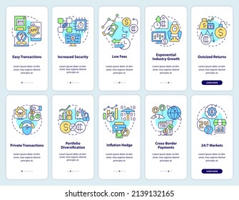 Cryptocurrency adoption onboarding mobile app screen set. Digital crypto walkthrough 5 steps graphic instructions pages with linear concepts. UI, UX, GUI template. Myriad Pro-Bold, Regular fonts used