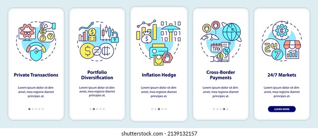 Ventajas de criptodivisa en la pantalla de aplicación móvil. Recorrido de pagos 5 pasos de páginas de instrucciones gráficas con conceptos lineales. UI, UX, plantilla GUI. Multitud de tipos de letra Pro-Bold, con uso regular