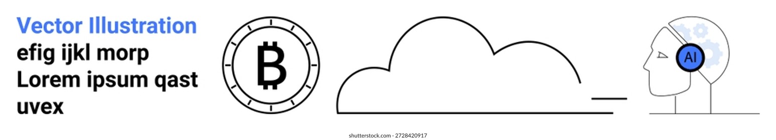 Criptomonedas, IA, comercio blockchain, finanzas descentralizadas, servicios en la nube, tecnología digital. Símbolo de Bitcoin, nube y cabeza humana con icono de IA. Criptomoneda e IA